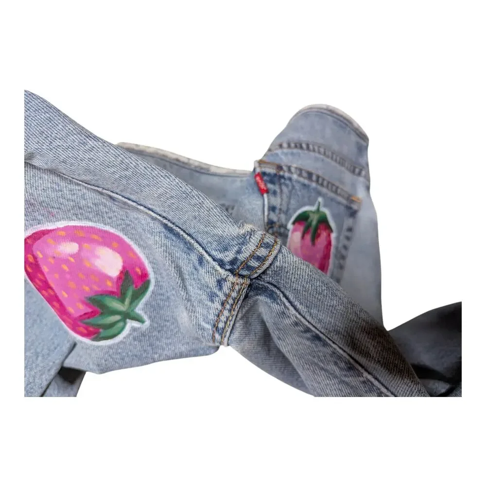 Hand Painted Vintage Levi's 501-Z Straight Leg Strawberry Checkerboard Jeans 28